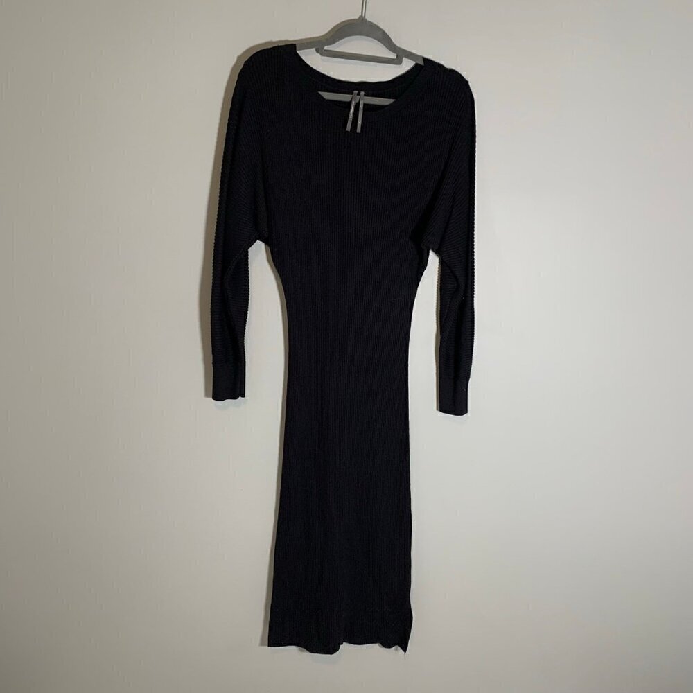 Anthropologie Black Ribbed Knit Dolman Sleeve Midi Dress Size S Textured Hem